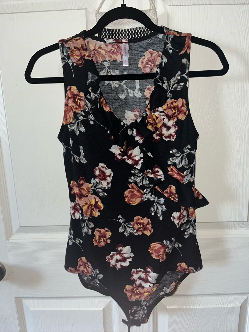 Xhilaration Black Floral Ruffle V-Neck Bodysuit